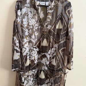 Chico's Earthy Patterned Tunic with Embellished Neckline